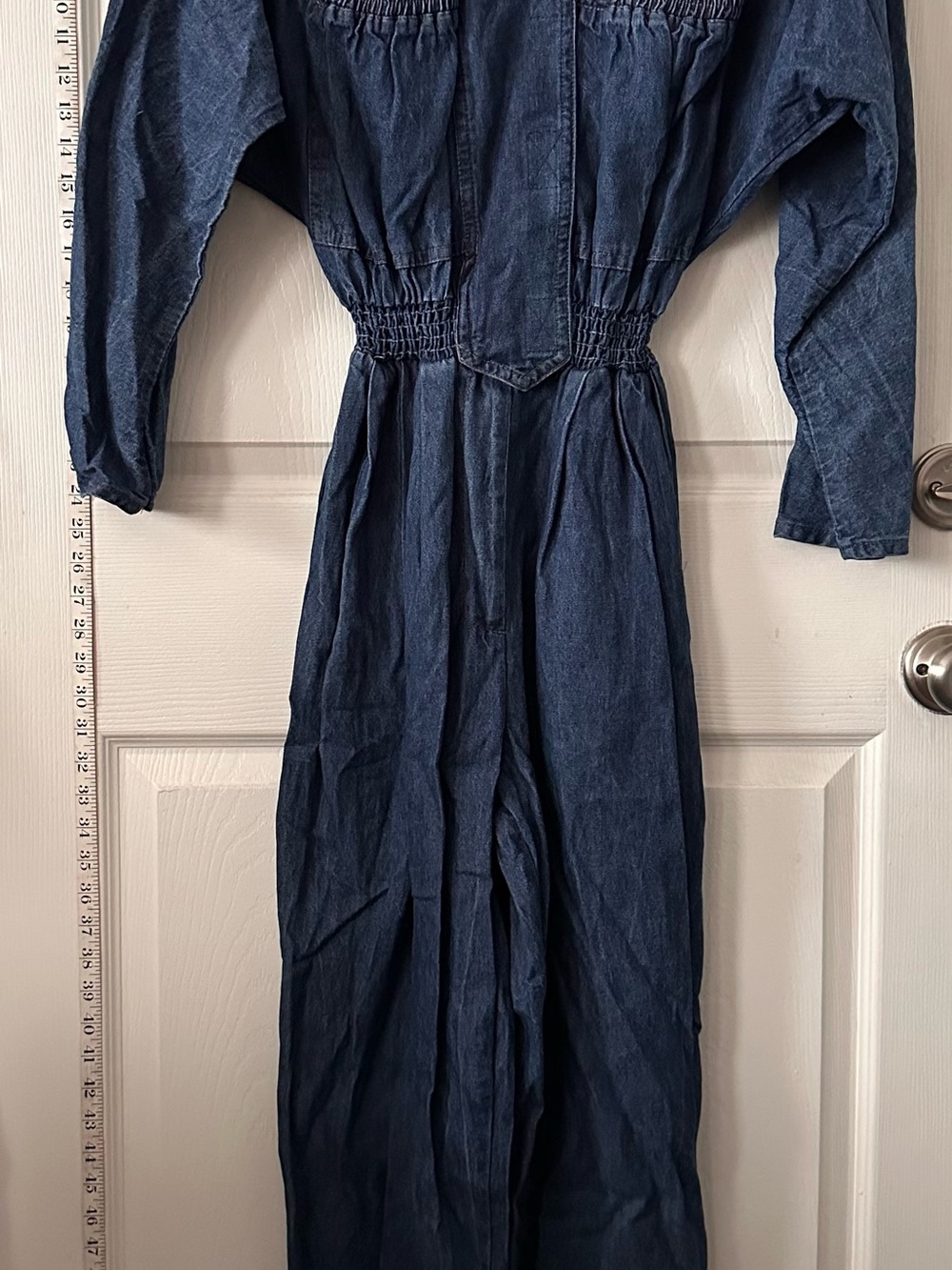 Dark Blue Denim Long-Sleeve Jumpsuit with Smocked Waist